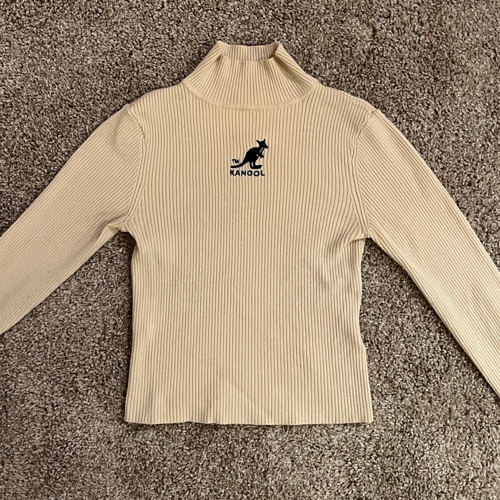 Beige logo Kangol sweater, knit cable turtle neck, Size XS